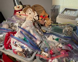 Large selection of Christmas ornaments and decorations.
