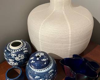 Paper table lamp; excellent selection of vintage pottery throughout the house.