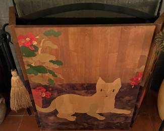 Folding fireplace screen featuring a stylized Japanese-style cat illustration.