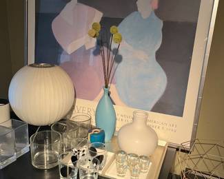 Herman Miller Nelson ball tripod lamp; retro vintage glassware; vintage pottery.