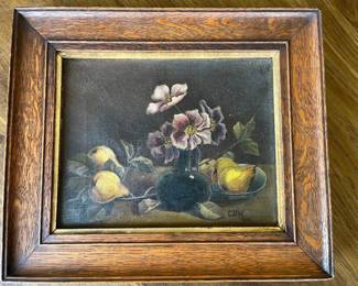One of two antique framed still life paintings signed “C.D.W.” This one dated 1910.