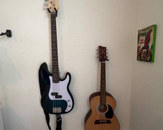 First Act Acoustic Guitar and Goplus Electric Bass Guitar; full size, 4 string