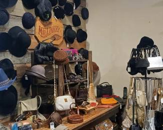 Vintage hats, fascinators, handabgs, purses. An tique display table, store fixtures and decor.