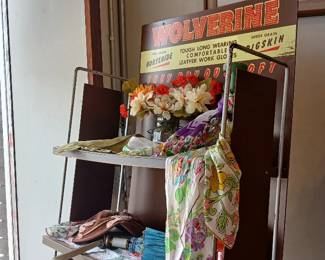 Vintage Wolverine boots store fixture, silk scarves, and women's accessories