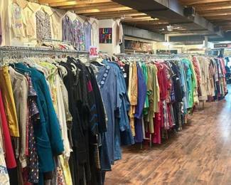 Womens vintage clothing, clothing racks, store fixtures.