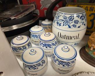 German 'Blue Onion' porcelain canisters, spice jars