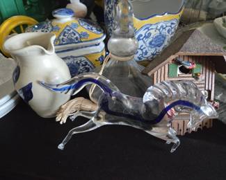 Art glass horse figurine & Vtg Procelain dishware 