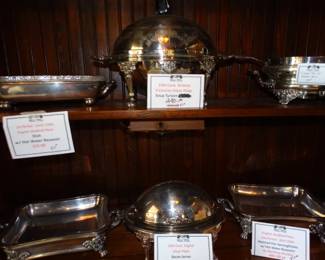 What Collector wouldn't love to have these examples of antique Sheffield Plate Serving Pieces (pr supper Dishes, Soup Tureen Bacon Server & a Crepe Pan w/ Burner