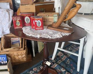 vintage pedestal tripod table, prince albert crimp cut tobacco tins, handcrafted wooden bird sculpture
