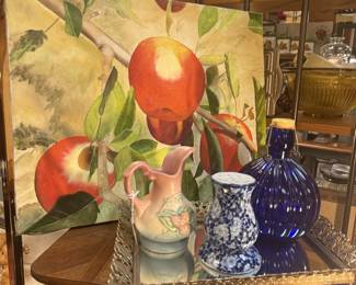 apple oil painting (Texas), blue and white small vase with built in flower frog, blue glass bottle, small vintage pottery pitcher 