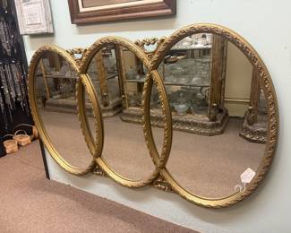 Vintage gold French Hollywood Regency triptych interlocking oval wall mirror
