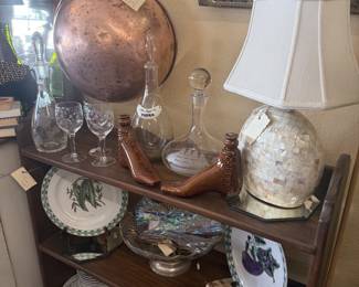 vintage copper pot, white capris shell lamp, glassware, decantur