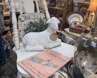 white antique chair, lamb figurine, spring decor, plates