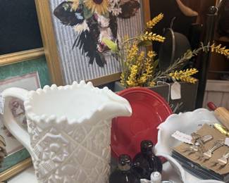milk glass pitcher, framed art, salt & pepper shakers