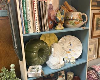 vintage cook books, bundt pan, deviled egg tray