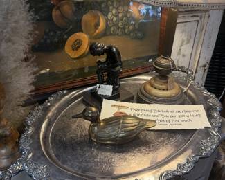 beautiful large silver plate embellished serving tray, figurine, brass duck