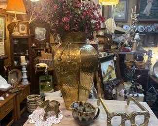 large brass vase, elephant and glasses