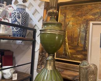 MCM brass and green metal Rembrandt touchier lamp