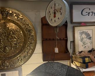 vintage scale, brass wall hanging, wall shelf