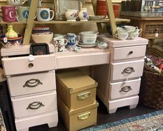pink painted vintage desk/vanity, mugs, corning ware, mugs