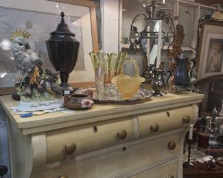 vintage dresser, glass basket ginger jar, lamps