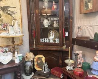 wooden antique corner shelf, tea pots, figurines, stool