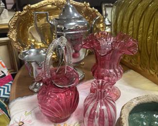 Fenton cranberry glass, brass tray, plates