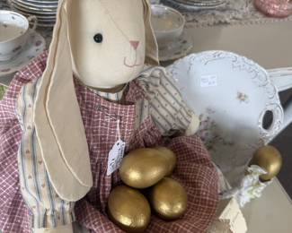 vintage-style, handmade fabric bunny doll, golden eggs, dishware set