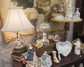 vintage wooden table, lamp