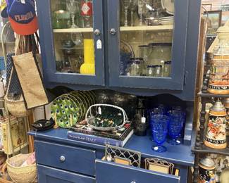 pretty blue painted navy blue hutch, blue glassware