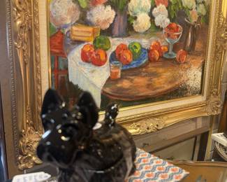 gorgeous framed oil featuring peonies and peaches