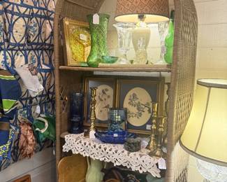 Beautiful green glassware, framed art, pottery, lamps