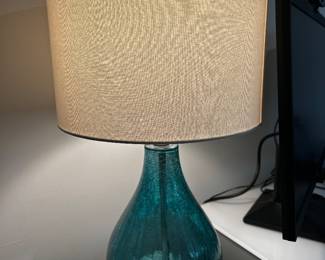 Pair of turquoise glass lamps with shades 