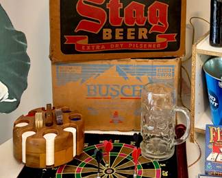 Vintage Beer Crates, Poker Chips, Dartboard and Beer Stein