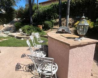 Russel Woodard style outdoor furniture: dining table, barstools, buffet