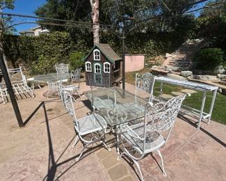 Russel Woodard style outdoor furniture: dining table, barstools, buffet