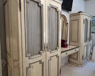 Wake up like French royals  in this King size Bedroom suite with his and her armoire, vanity and bed frame 