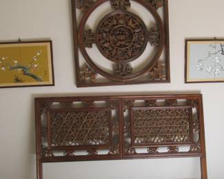 Vintage Carved Full Size Headboard + Carved Chinese Window