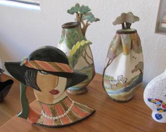 Ladies Head Ceramic Teapot w/Detachable Feather, Ceramic Vases w/Trees. Artist: Soyoko Becker