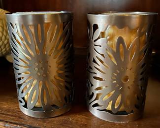 Floral 6.5"H pillar candle holder w/ candle, 2 available,  was $10 each, NOW $6 each