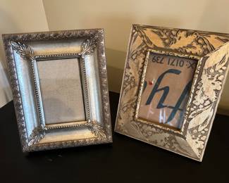 Ornate pewter picture frame, was $10, now $7.  Gold decorative abstract leaf & berry square frame, was $12, now $8