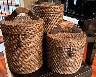 Decorative round woven baskets w/lids,  Small - 9"H x 9"D, was $24, NOW $16.  Medium - 14"H x 9.5"D, was $35, NOW $25..  Large - 17"H x 9.5"D,  was $44, Now $32