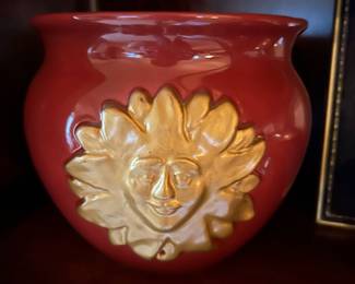 Red bowl/planter with gold sun, 7"H x 7"D,  was $12, NOW $8
