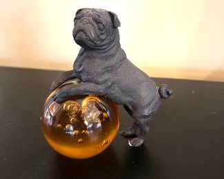 Vtg pug on Amber Glass Ball, 5"H,  was $40, Now $20