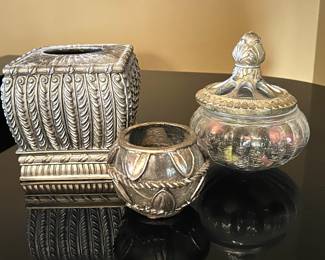 (Gold/silver Kleenex holder, 6.5" x 6.5",  was $12, NOW $8/SOLD).  Candle holder, 4"H x 5"D,  was $8, NOW $6.  Open lidded glass jar, 7.5"H x 6"W,  was $10, NOW $6.   