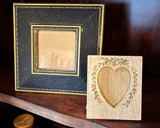 Black/gold square frame, 3.5" x 3.5" for picture, was $8, NOW $4.  Heart frame, 3 x 4,  was $6, NOW $3