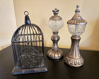 Metal birdcage, 9.5"H x 6'W,  was $9, NOW $6.  Smaller ornate sphere gold decor, 2 available,  10"H,  was $10 each, NOW $7 each