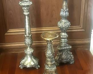 Silver/gold tone candle holders, 24"  was $24, NOW $18.    20"  was $20, NOW $14,    14"  was $16, NOW $10