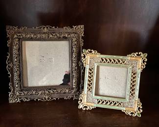 Brass ornate square frame, 4" x 4",  was $10, NOW $6.  Light green & gold enameled frame, 2 x 2 picture, was $9, NOW $6