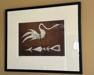 Framed , limited edition art print featuring a stylized bird weathervane signed St John, 28"W x 22.5"H, $65